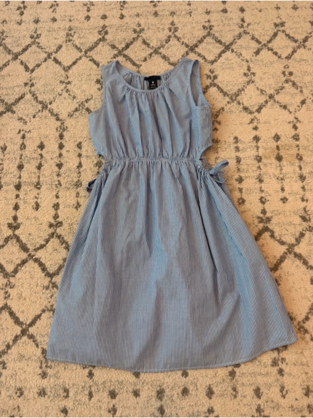 Aqua Light Blue Pinstripe Sleeveless Drawstring Dress